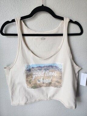 American Eagle Boxy Graphic Tank 'Good Times Ahead' Raw Hem Cropped Size Medium